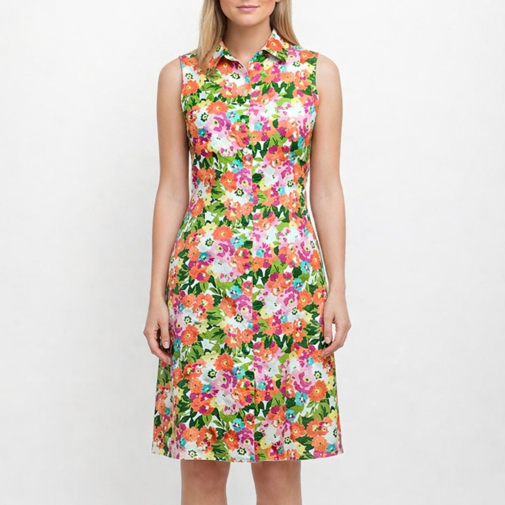 Talbots Shirt Dress Multicolor Floral Sleeveless Button Front Classic Size 10